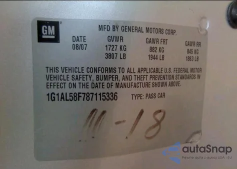 2008 Chevrolet Cobalt Lt z USA, uszkodzony, nr VIN 1G1AL58F787115336